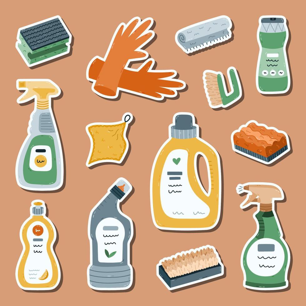 Lovely cartoon sticker set with washing bottles and supplies for planners, notebooks. Ready for print list of cute stickers of laundry and dishwashing gel, rubber gloves, sponges, rags, dispenser. vector
