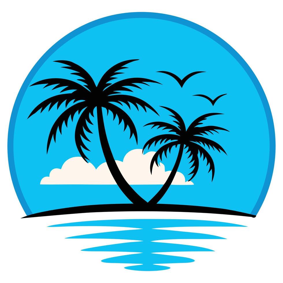 Tropical Beach Sunset Palm Tree Logo Exotic Island Vacation Emblem vector