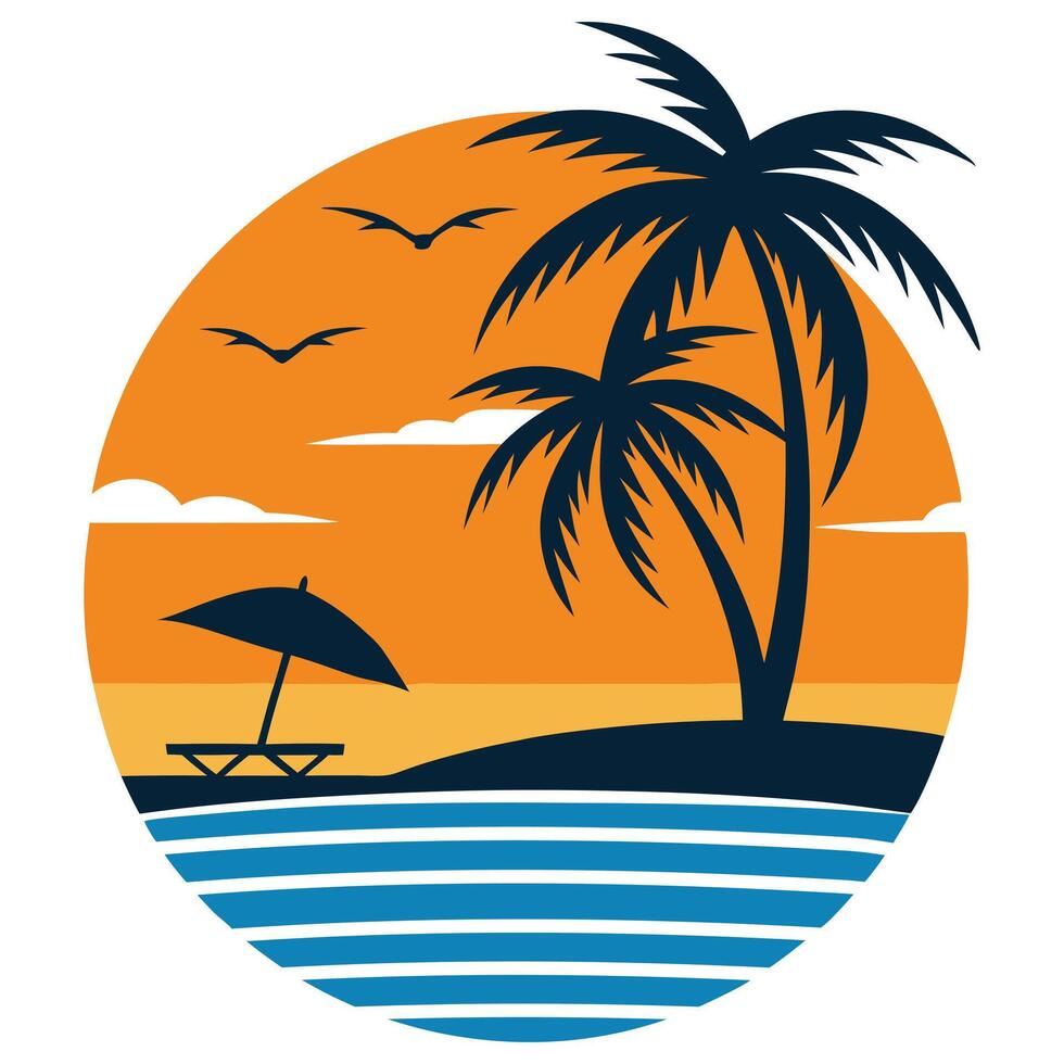 Tropical Beach Sunset Logo with Palm Trees, Ocean Waves, Birds, and Umbrella vector