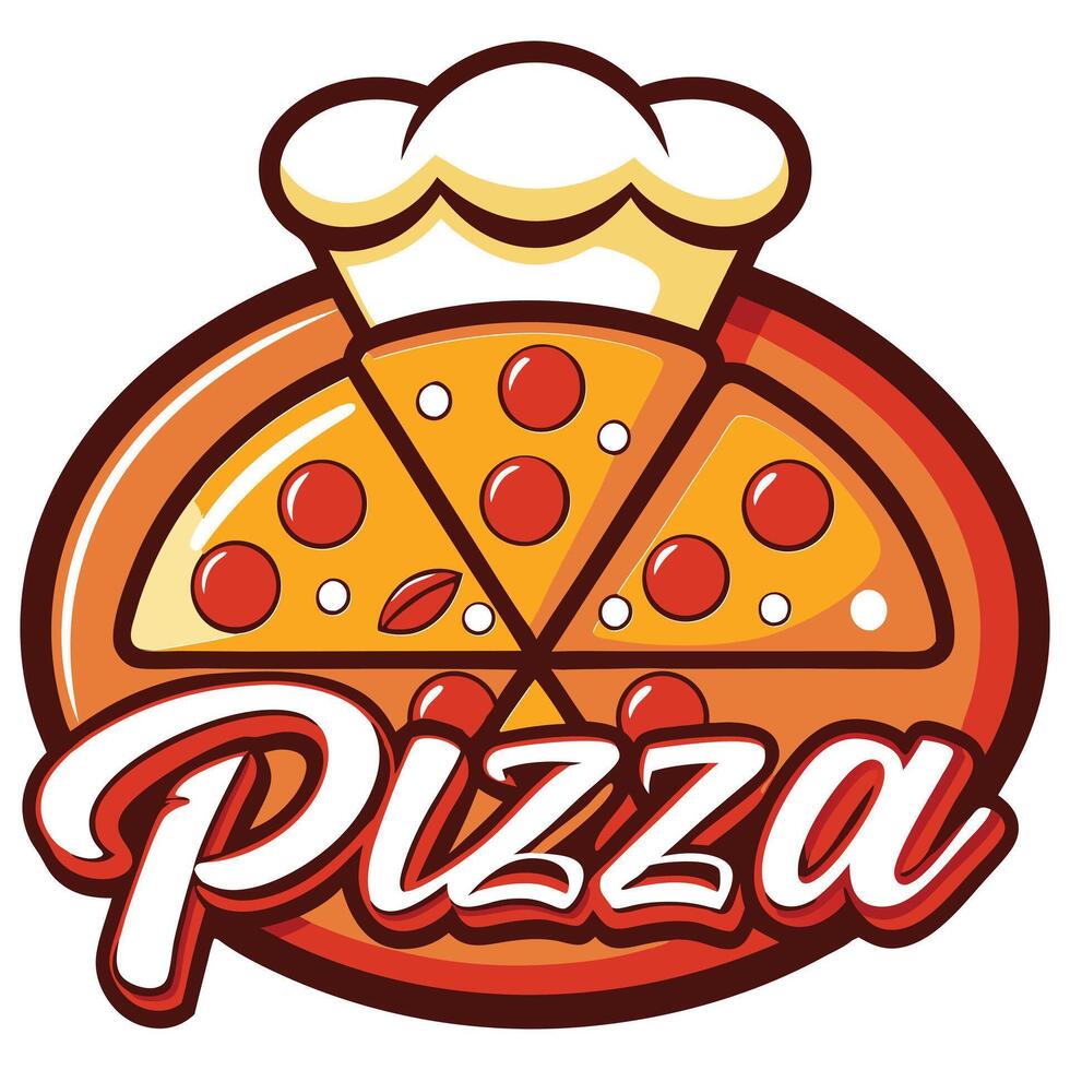 Pizza Logo Design - Cartoon Style Slice with Chef Hat and Script Typography, Pizza Shop Branding vector