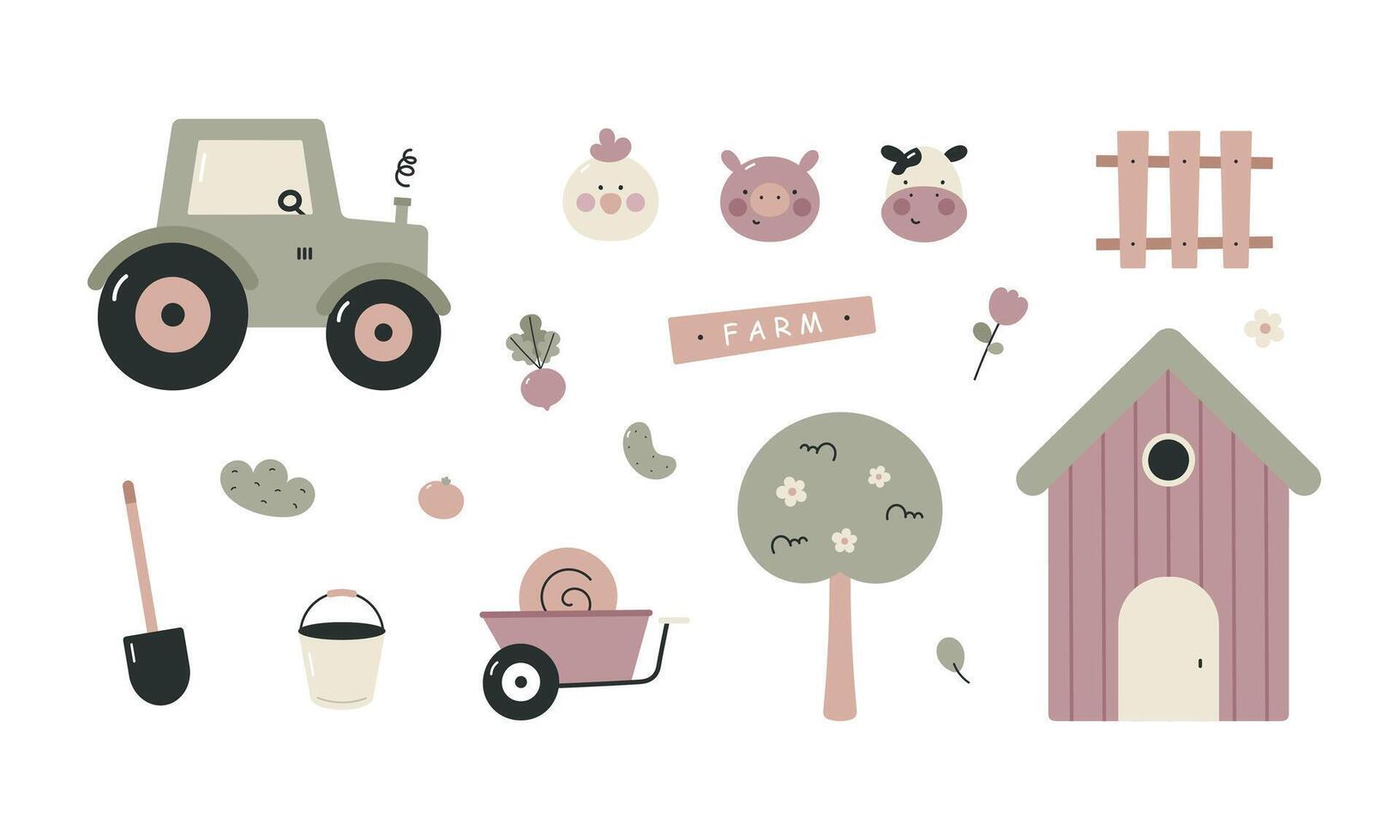 Farm set with cute pig, cow, chicken, tractor, garden wheelbarrow. For fabric, wrapping, cards, textile, wallpaper, apparel. Isolated illustration in flat cartoon style on white background. vector