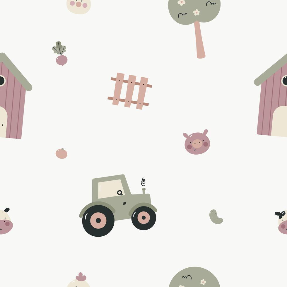 Seamless pattern with farm animals. Kids background. For card, posters, banners, books, printing on the pack, clothes, fabric, wallpaper, textile or dishes. vector