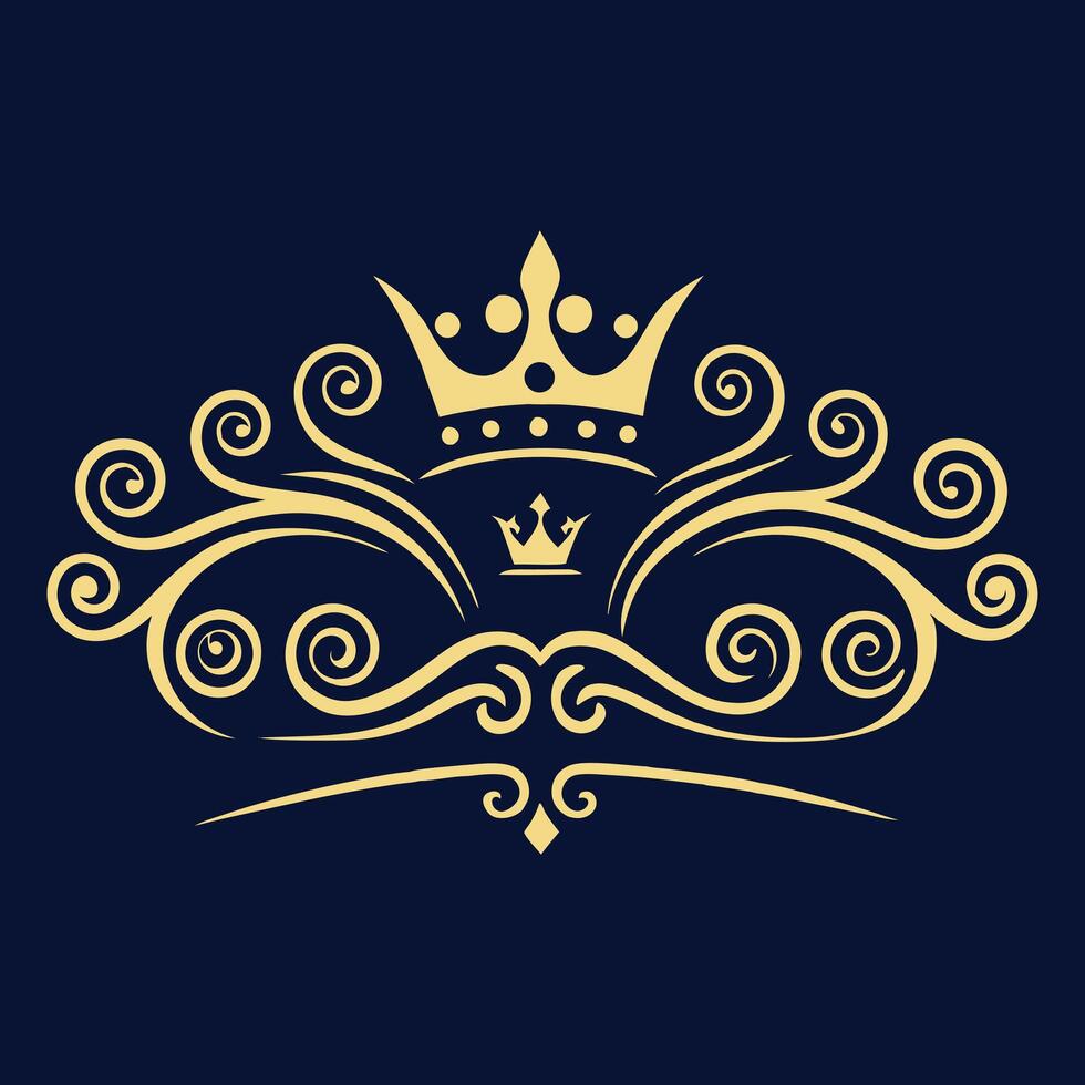 Royal Crown Ornamental Floral Design Elegant Gold Swirl Emblem on Dark Background vector