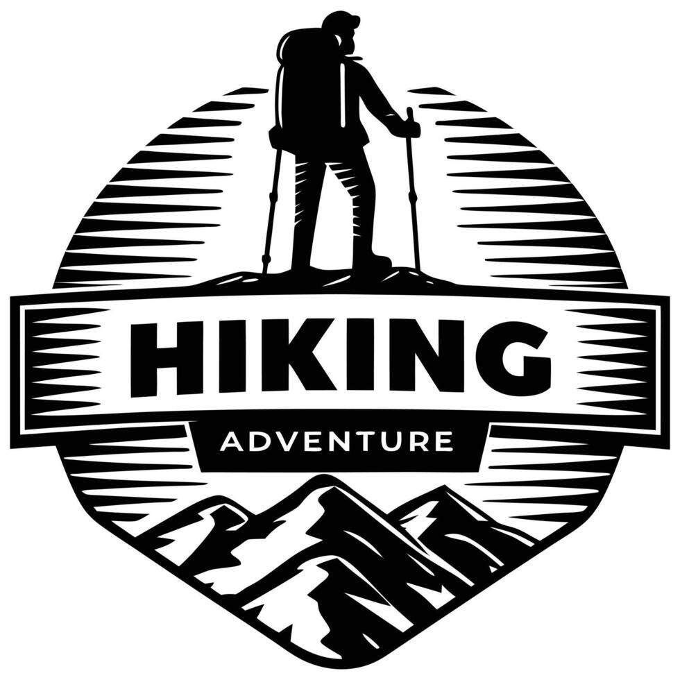 Hiking Adventure Badge Logo Black and White Mountain Explorer Emblem for Outdoor Travel and Trekking Concepts vector