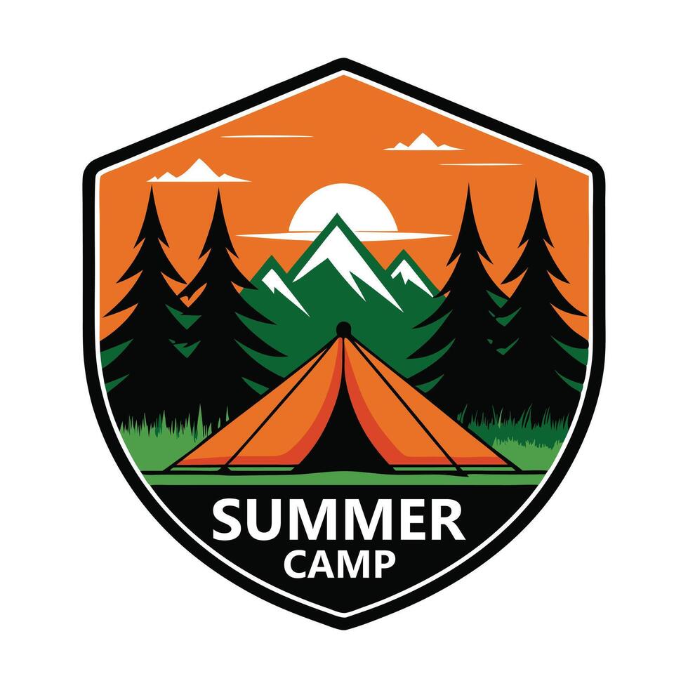 Summer Camp Badge with Tent and Mountain Scene vector