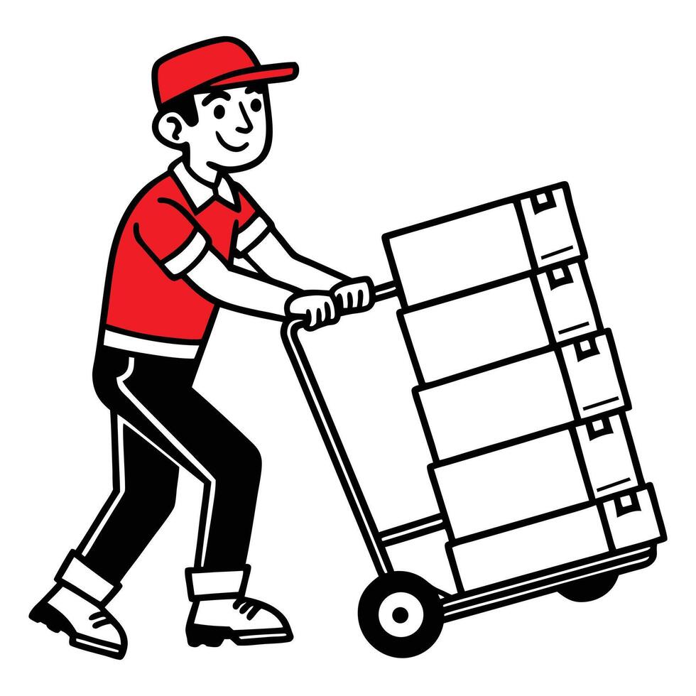 Professional Delivery Worker with Cart and Packages vector