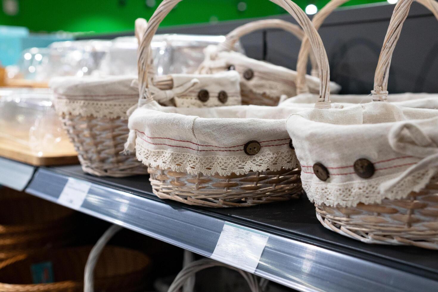 background of marble wall. basket for bread and fruit. photo