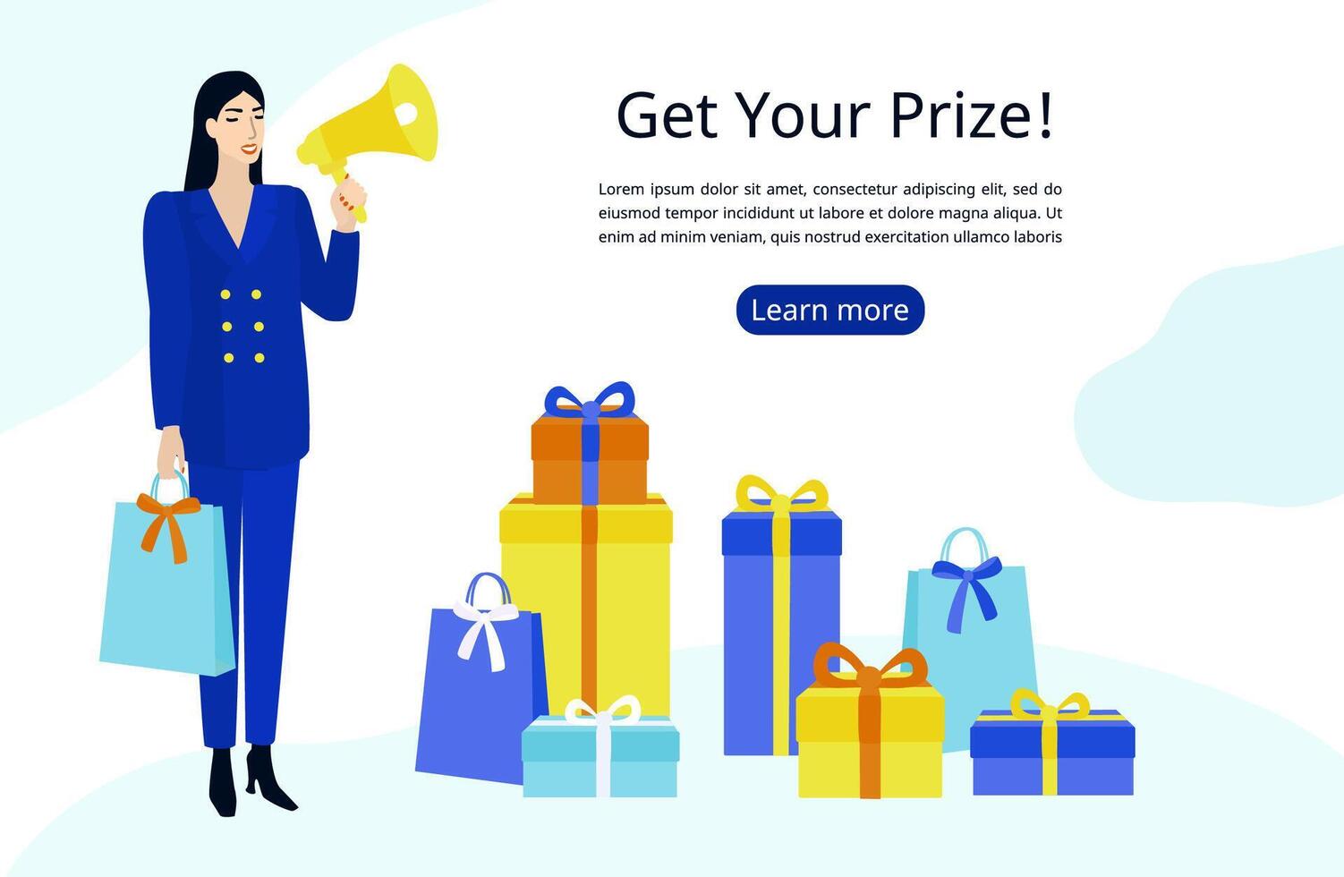 A Promoter Woman dressed in a blue trendy oversize suit, holding a Gift Bag and Speaking through a Megaphone. Get your Prize Banner design concept. Background with Boxes for the Winners. vector