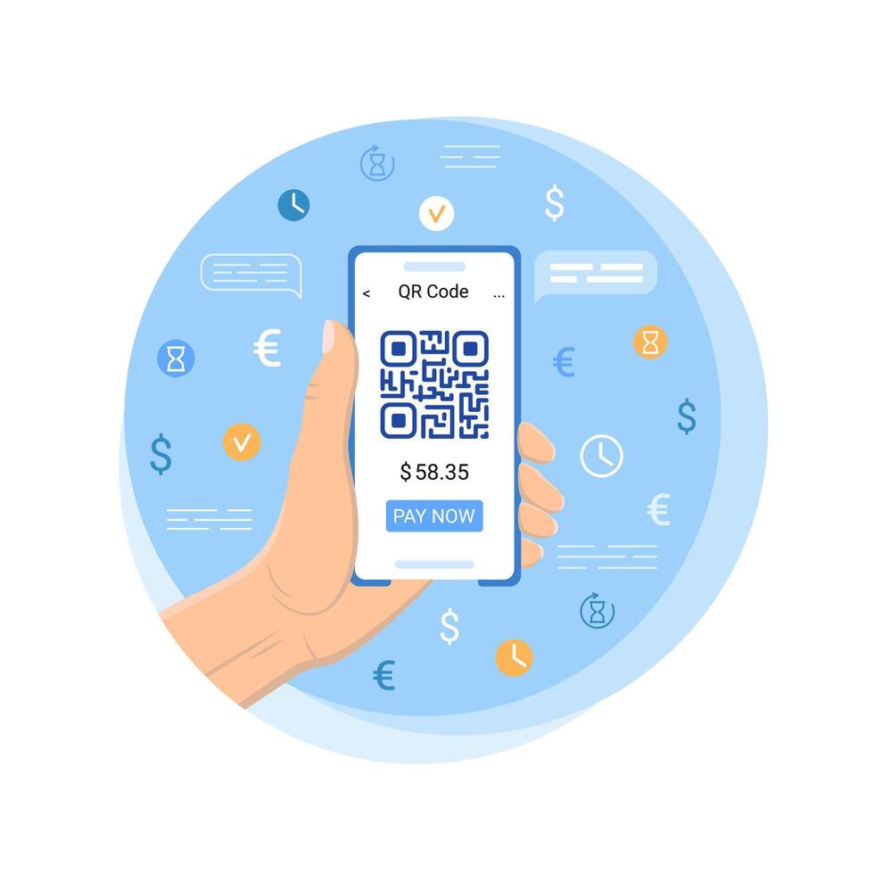 A Hand Holding a Smartphone, Paying with a QR Code Technology. Contactless Mobile Payment. Smart Technology concept. Fast money send service. illustration in flat style vector