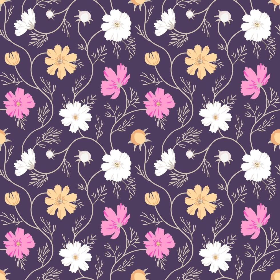 Cosmos Flower Background of Autumn shades. Elegant Floral Ornament for Textile, Wrapping Paper, Bed Linen, clothes Design. Seamless Pattern. vector