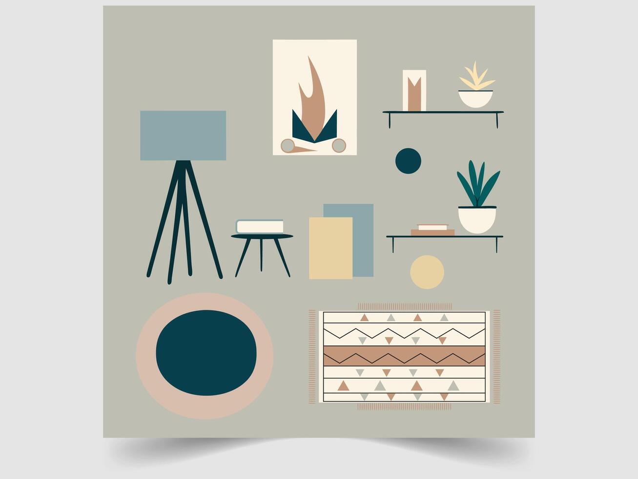 Modern Boho Interior Decor Illustration with Minimalist Furniture, Plants, and Rug vector
