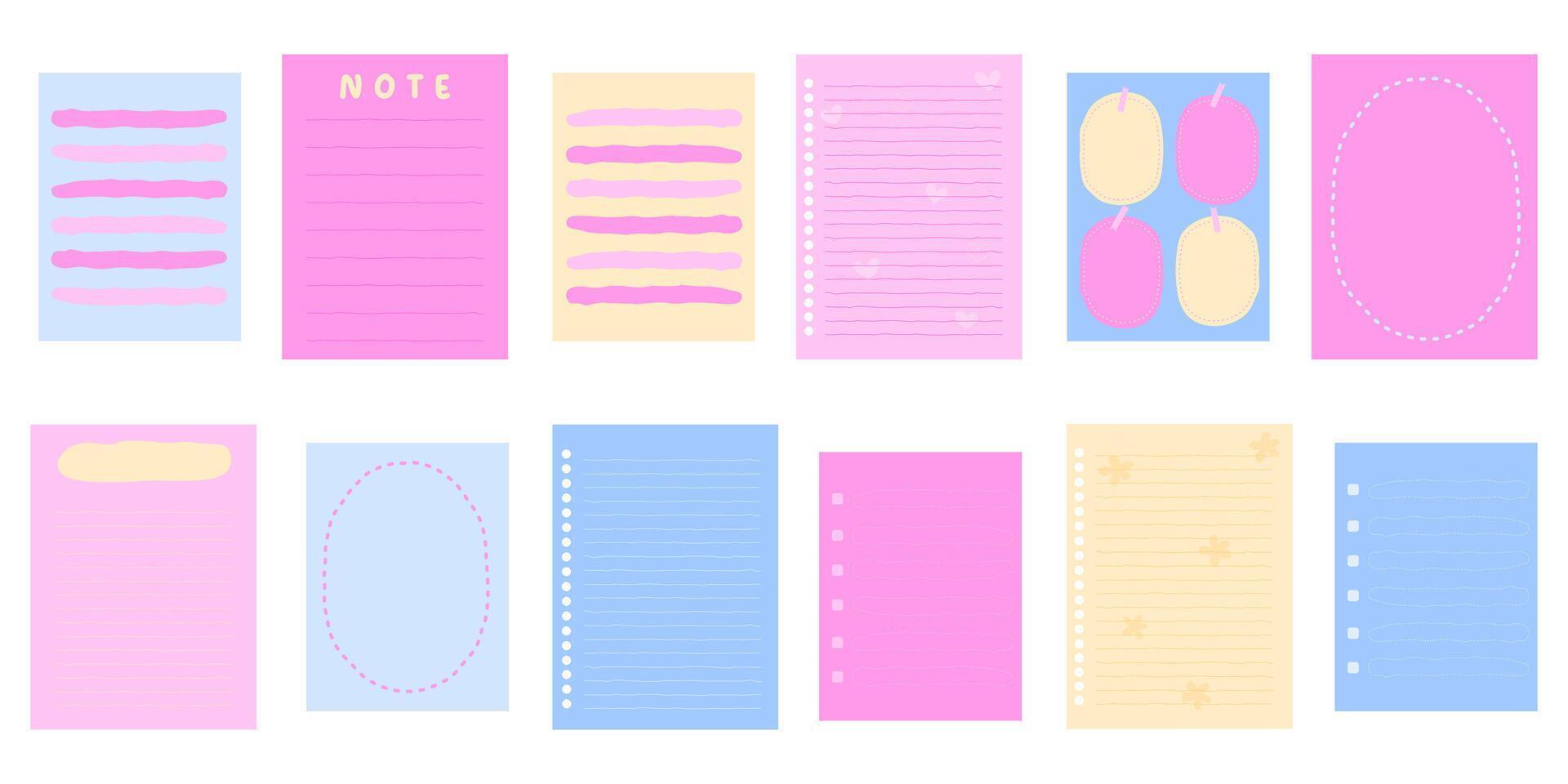 Vibrant color sticky paper notes for daily planner, hand drawn memo sheet stickers. Pins and paper clips, paper note, to-do list and reminder, blank diary pages set. pink blue yellow. vector