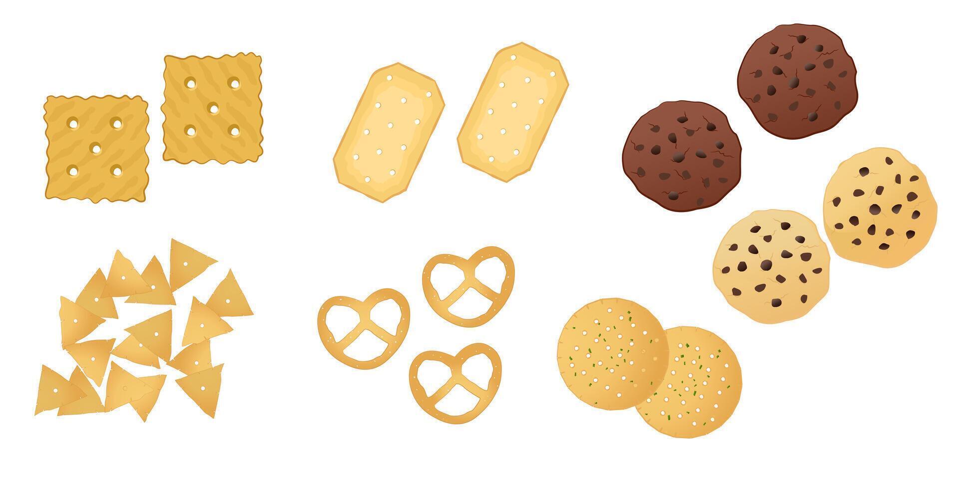 Crackers icons set cartoon. Various cookies shape. Snack food. vector