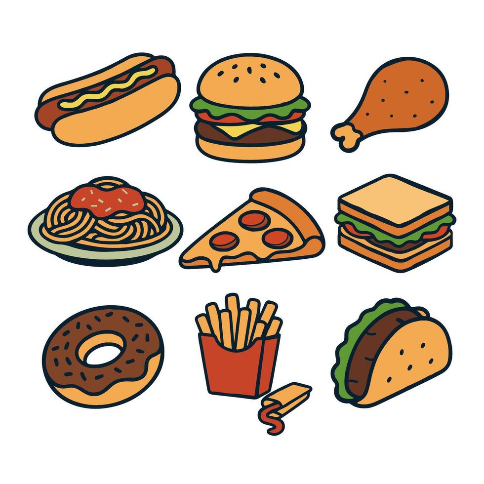 Fast food hamburger dinner, delicious set of fast food lots of food and unhealthy fast food classic vector