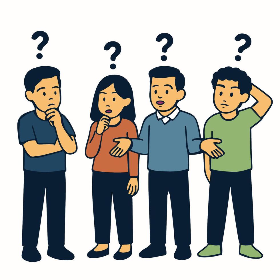 Group of people holding question. women and men surrounded by a question mark vector