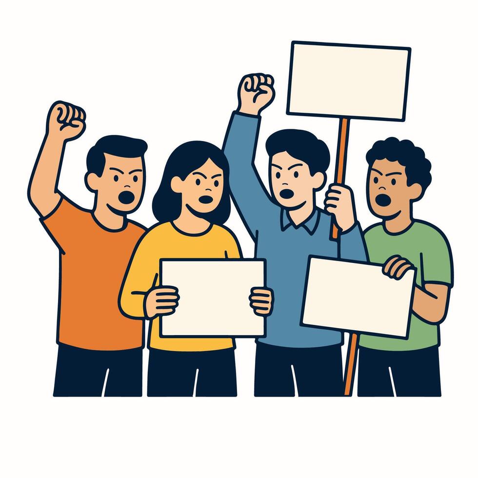 Protest. People crowd holding blank banners, manifesting activists demonstrating empty signs. Street demonstration vector