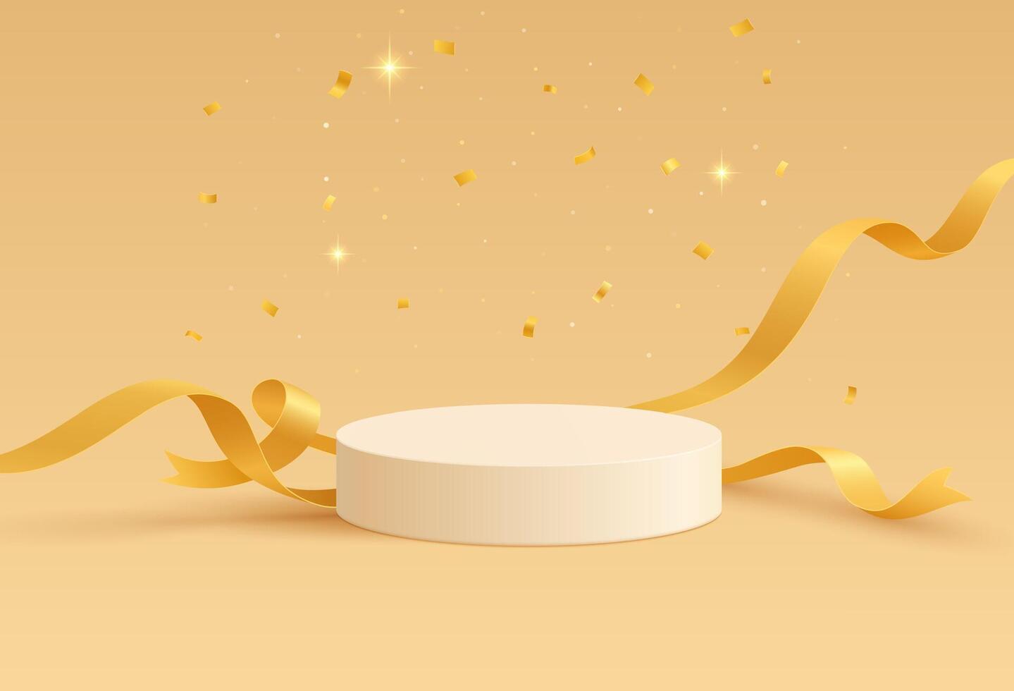 Elegant white round podium with flowing orange silk ribbons on yellow background with golden confetti and stars. Platform with delicate floating streamers and shimmering particles. vector