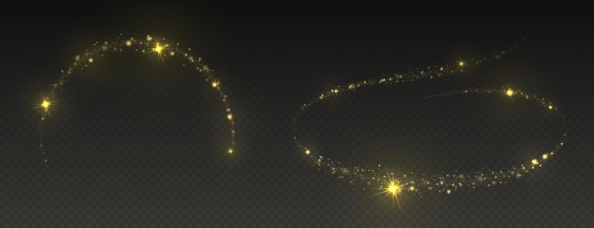 Golden dust trail with star shaped sparkles on dark background. Magic realistic wave paths of shining glitters and shimmering particles. vector
