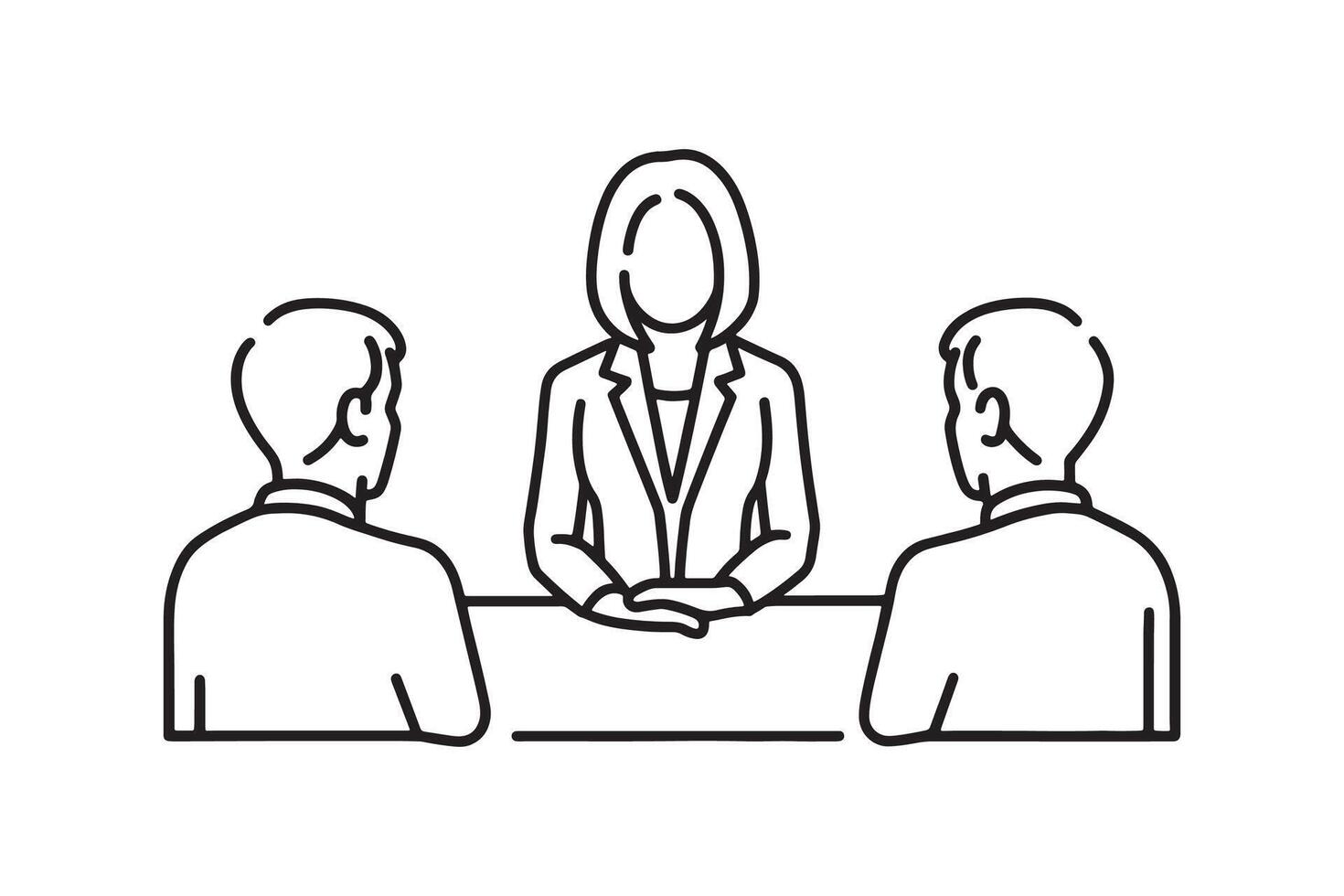Woman in business attire engages in conversation with two men line art flat illustration. vector