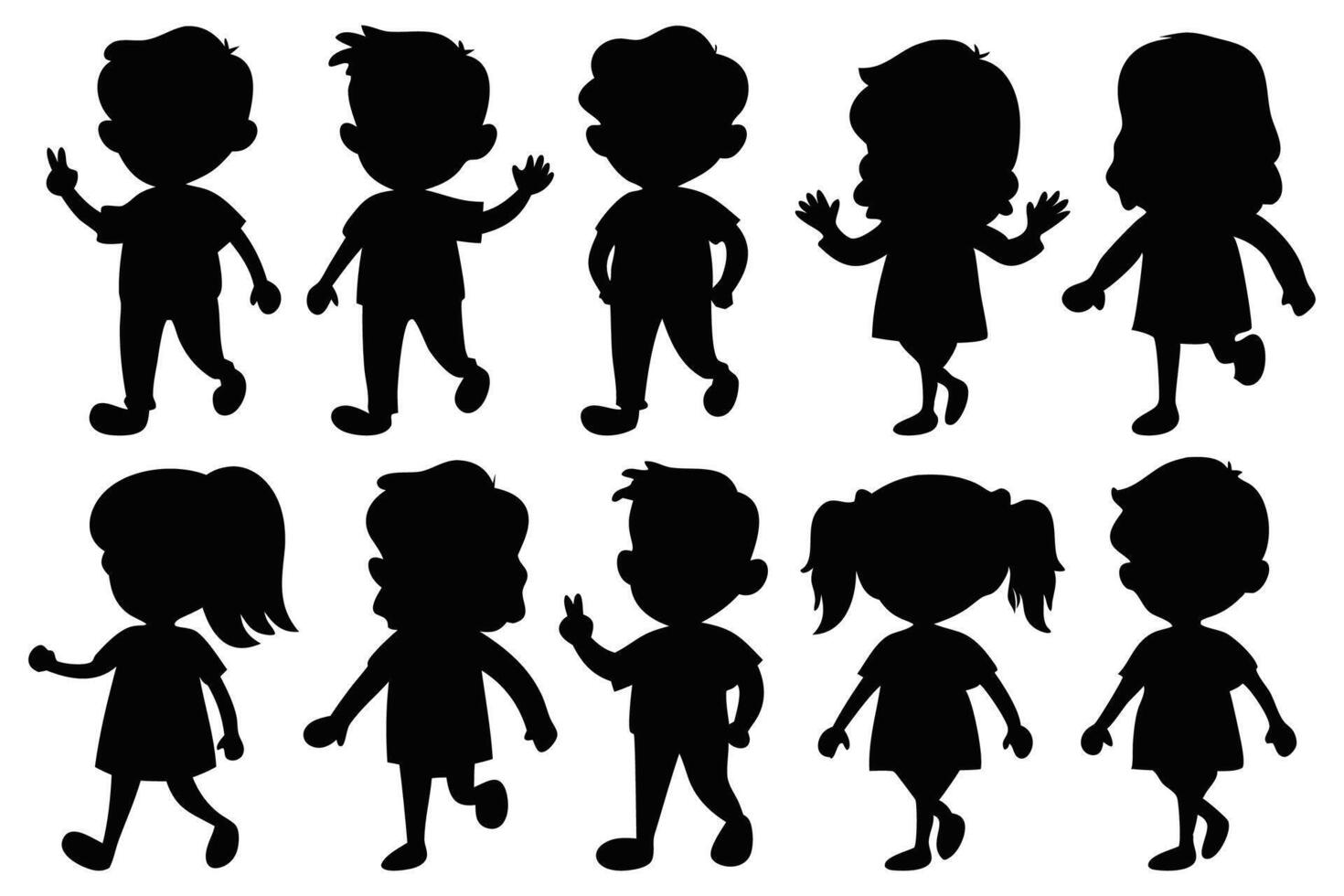 Kids running playing silhouettes set illustration on white background. vector