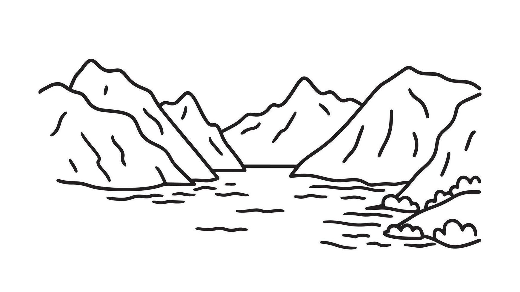 Breathtaking vista of the ocean alongside towering mountains capturing a tranquil and scenic environment line art flat illustration vector