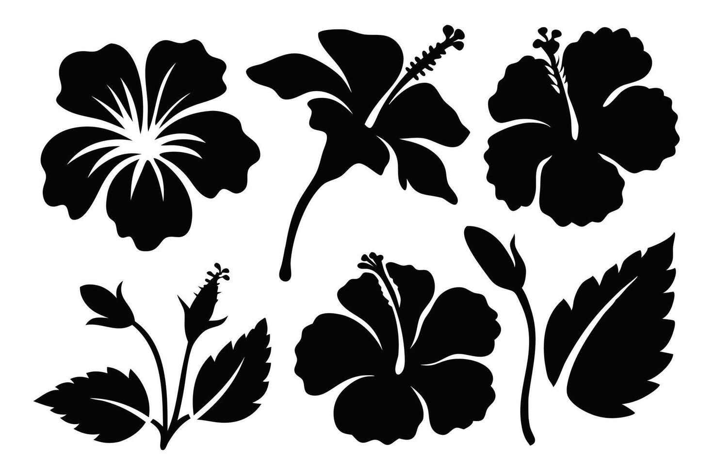 Hibiscus flowers silhouettes set isolated flat illustration on white background vector