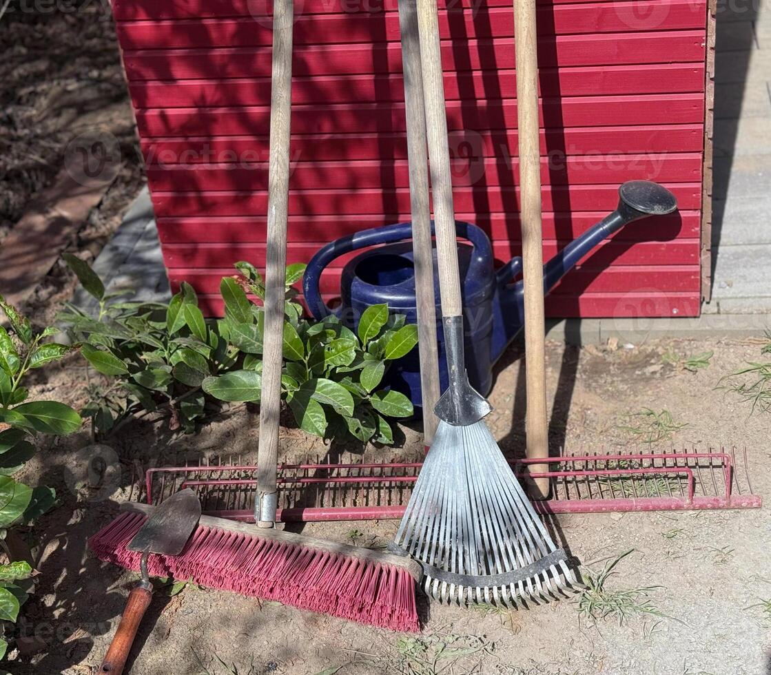 A variety of garden tools positioned on artificial grass for outdoor gardening. Several garden tools, including a rake, shovel, and pruners, are arranged on a patch of artificial grass photo