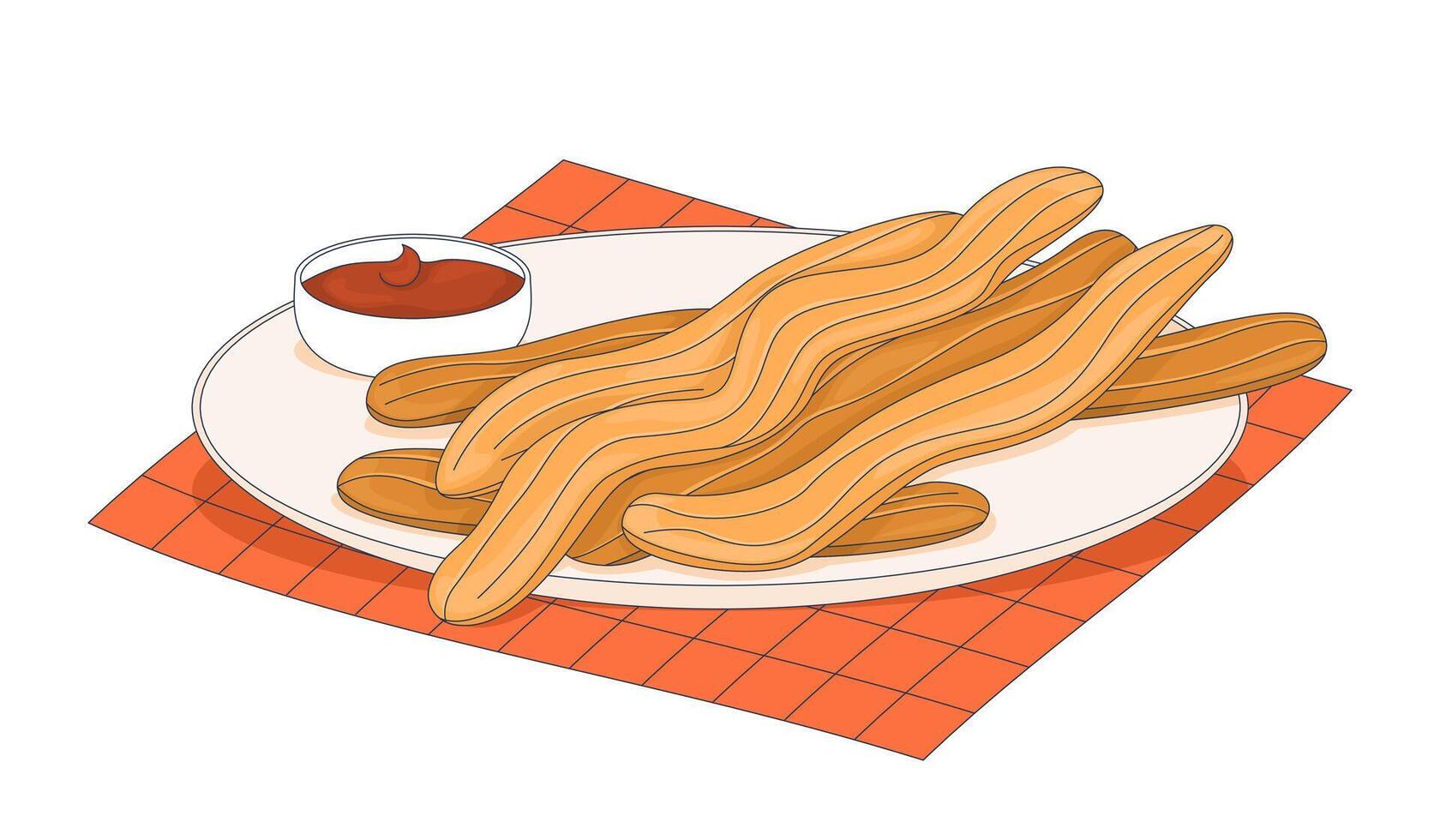 Mexican churros with chocolate dipping sauce 2D illustration. Spanish porras snack. Crispy fried pastry. Authentic food flat object isolated on white background. Colorful cartoon image vector
