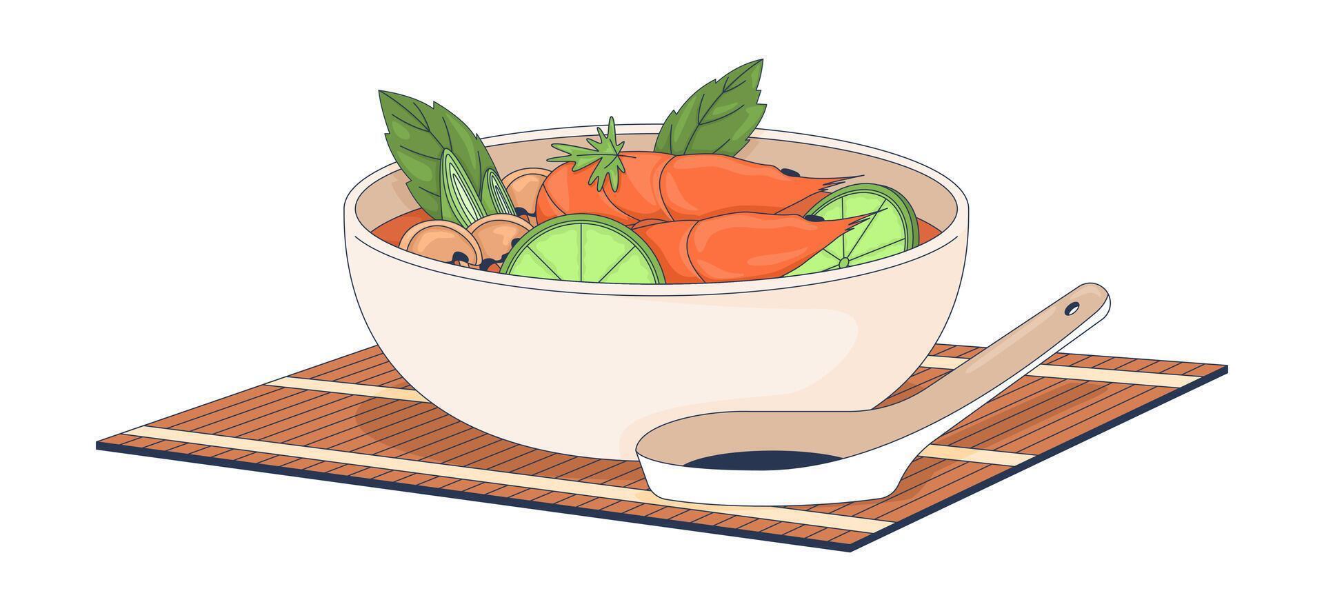 Tom yum soup 2D illustration. Hot and sour tom yam goong. Thai cuisine. Seafood bowl with shrimp, herbs, lime. Authentic food flat object isolated on white background. Colorful cartoon image vector