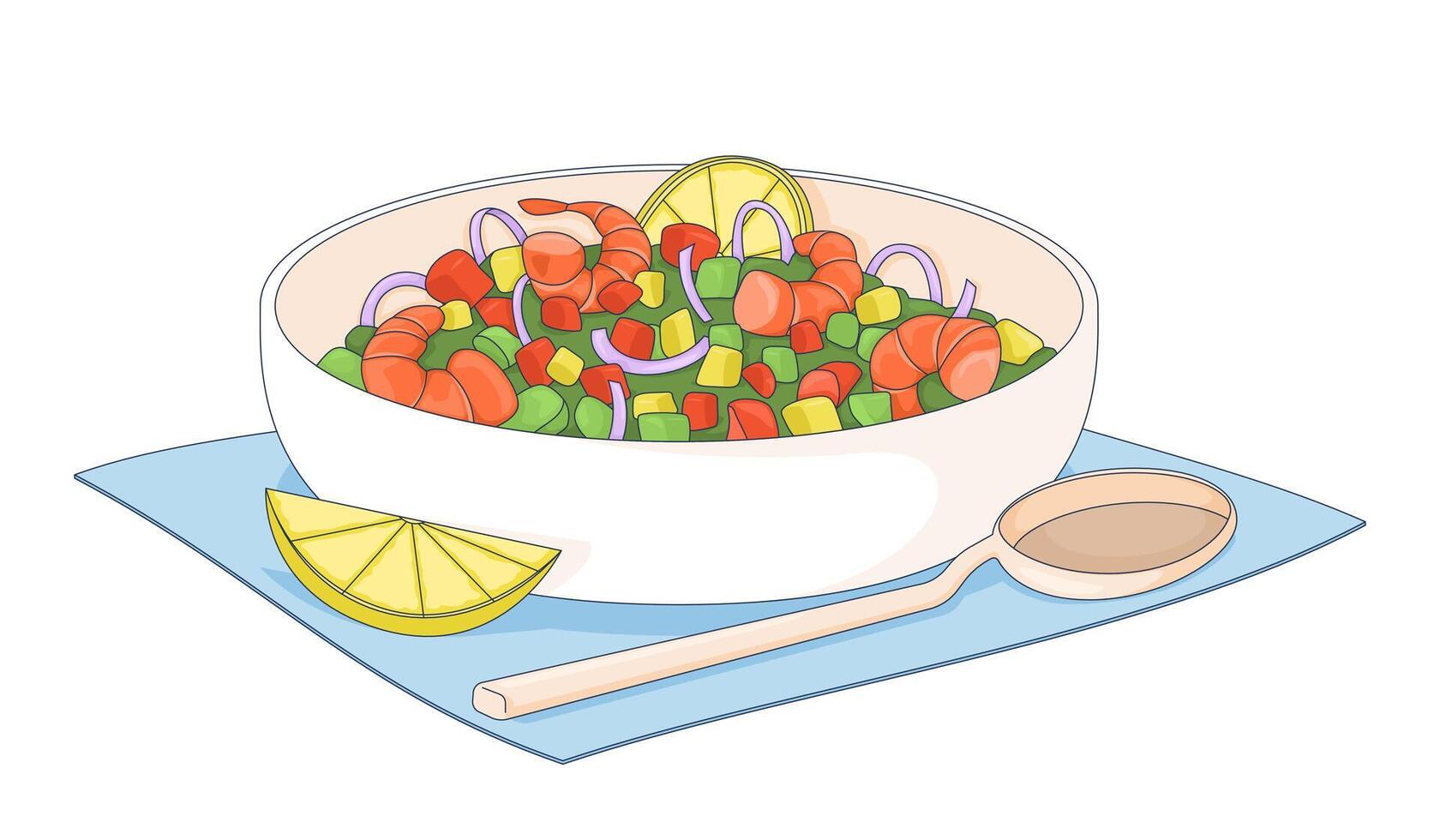 Mexican ceviche shrimps 2D illustration. Peruvian seviche. South American dish with seafood. Cebiche prawns. Authentic food flat object isolated on white background. Colorful cartoon image vector