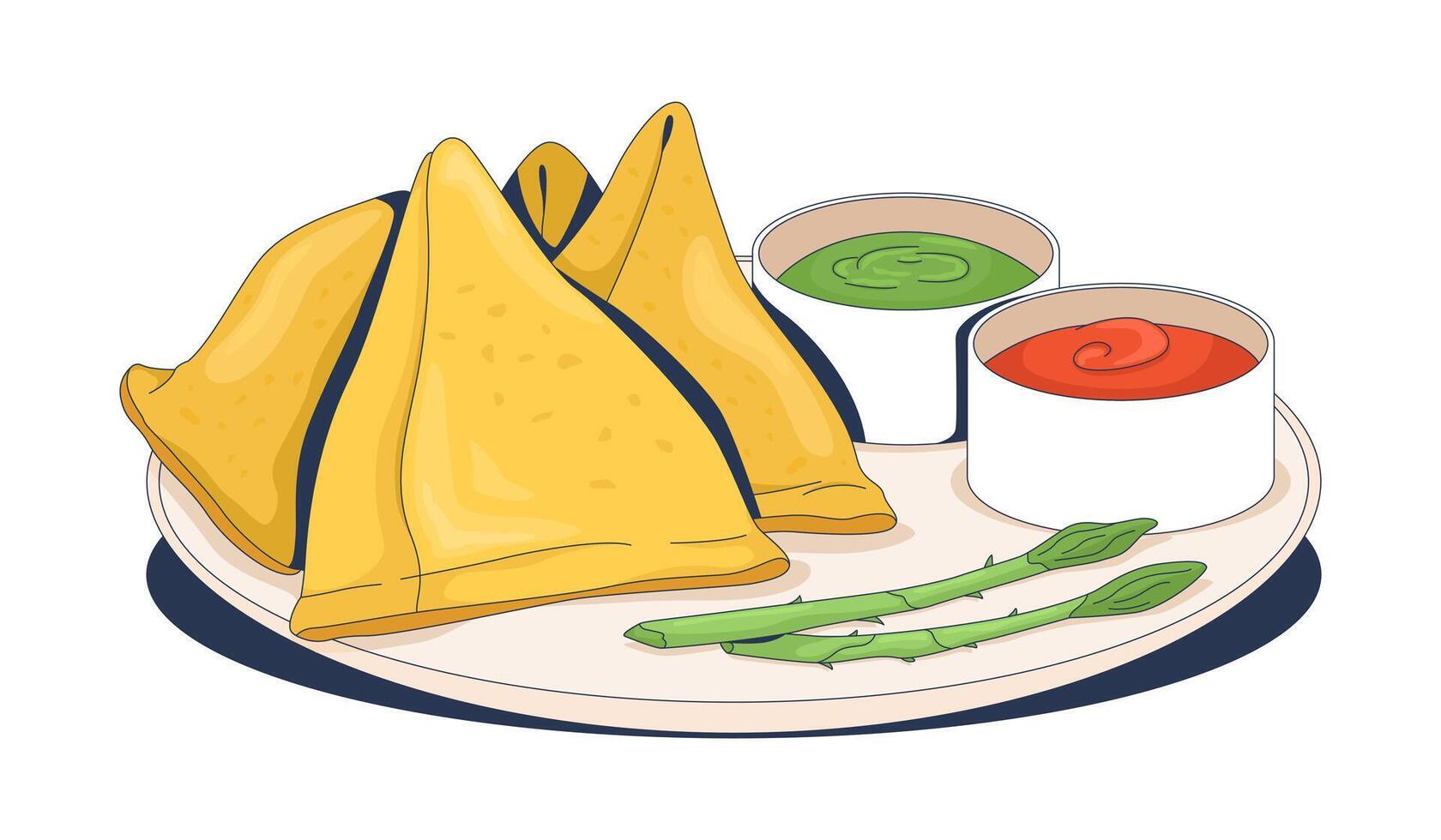 Fried samosas with red and green chutneys 2D illustration. Punjabi Indian pastry. Samboosa, dipping sauces. Authentic appetizer flat object isolated on white background. Colorful cartoon image vector