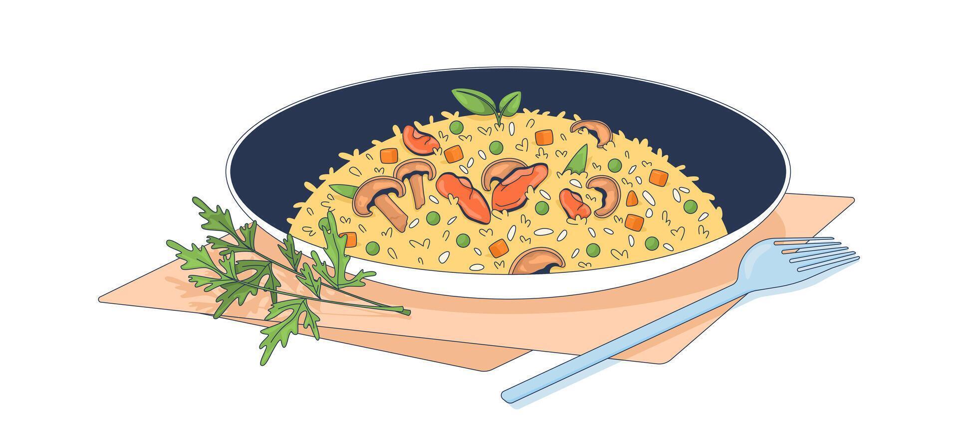Mussels and pea risotto with mushrooms and garnish 2D illustration. Italian saffron rice dish. Dinner plate. Authentic food flat object isolated on white background. Colorful cartoon image vector