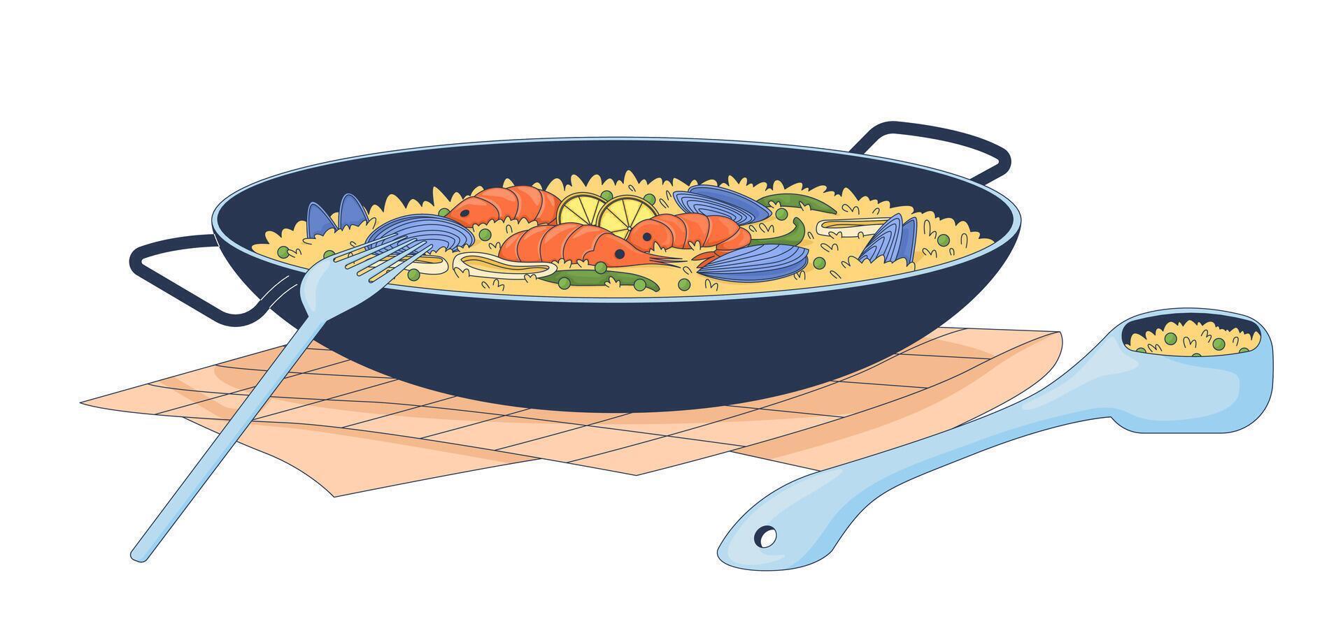 Seafood paella in pan with spoon and fork 2D illustration. Valencia spanish cuisine. Saffron rice meal. Authentic food flat object isolated on white background. Colorful cartoon image vector