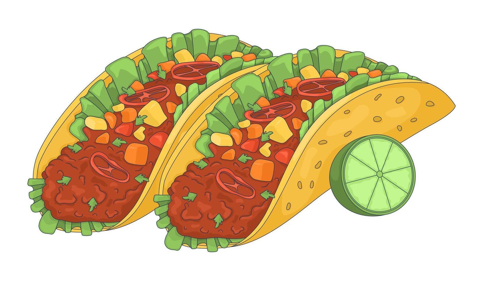 Mexican shredded beef tacos with fresh lime 2D illustration. Fiesta meal. Latin American street food. Authentic taco Tuesday flat object isolated on white background. Colorful cartoon image vector