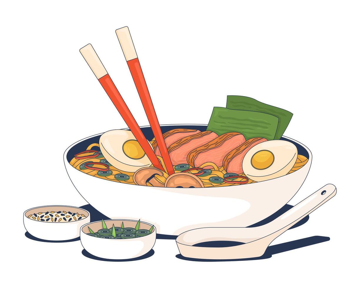 Japanese tonkotsu ramen bowl with boiled egg and pork 2D illustration. Noodle broth dish with chopsticks. Authentic food flat object isolated on white background. Colorful cartoon image vector