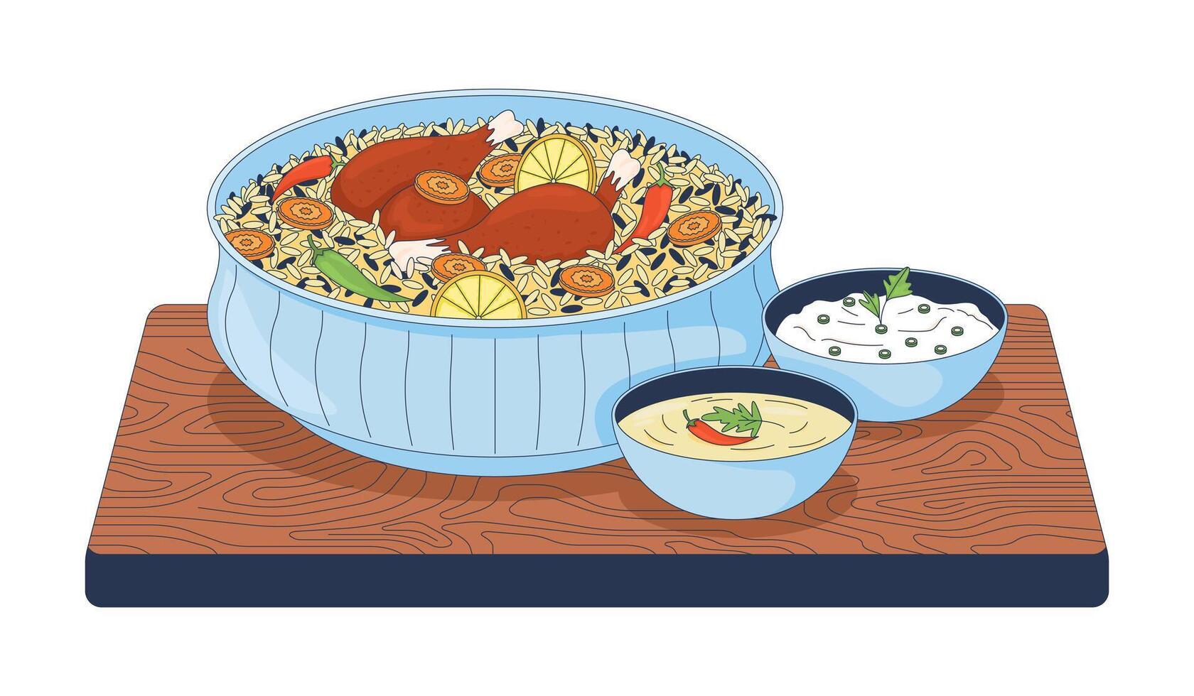 Chicken biryani with raita and shorba 2D illustration. Basmati rice bowl with drumsticks. Pakistani cuisine. Authentic food flat object isolated on white background. Colorful cartoon image vector