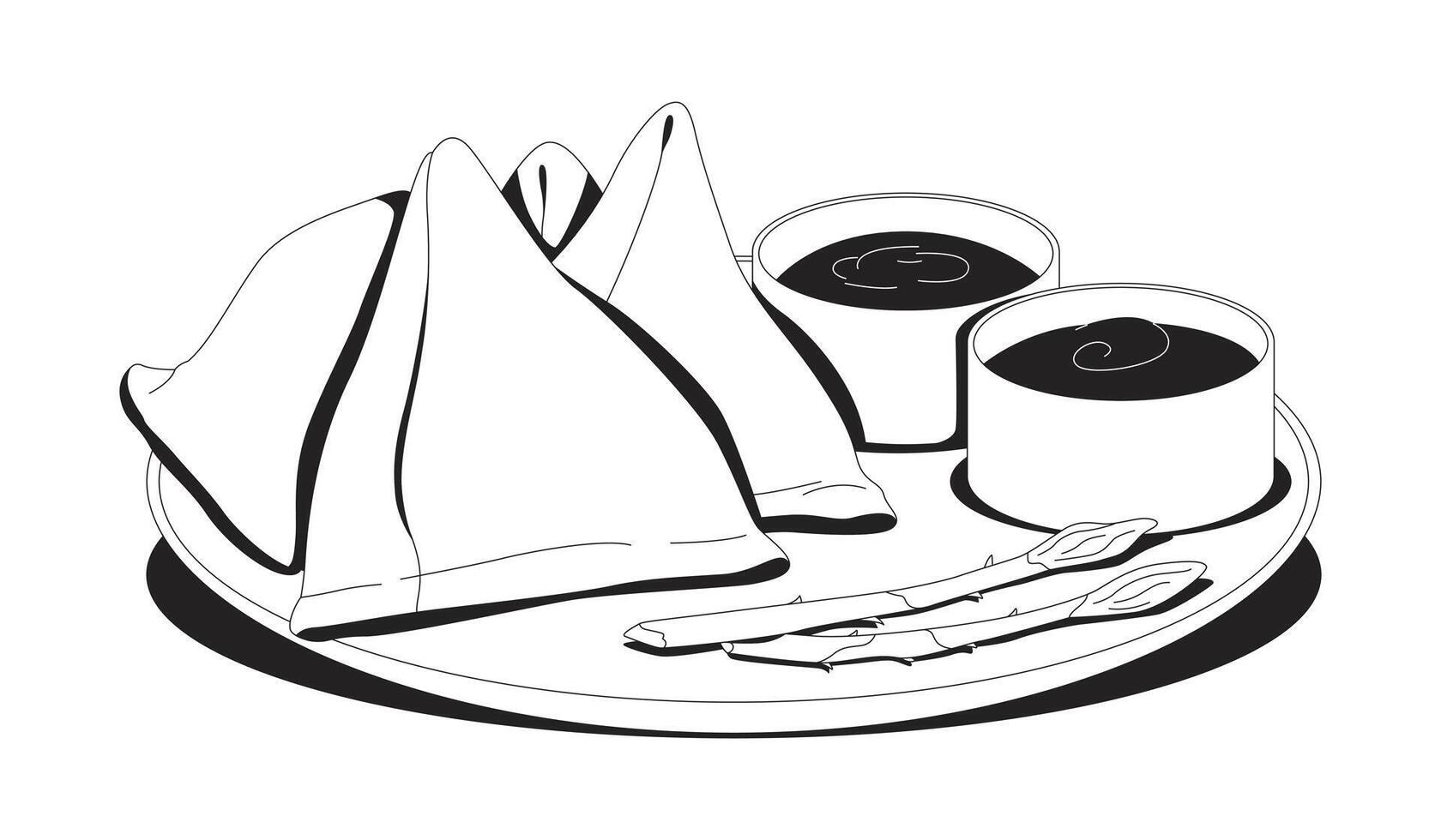 Fried samosas with red and green chutneys outline illustration. Punjabi Indian pastry. Samboosa, dipping sauces. Authentic appetizer 2D line item isolated on white. Monochrome ink linear image vector