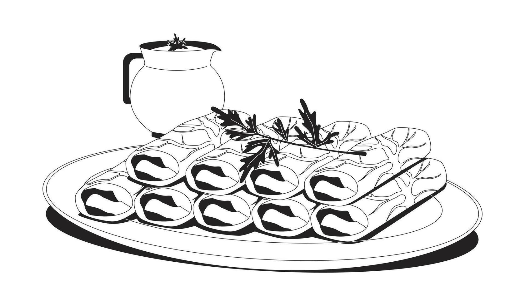 Dolma stuffed grape leaves with yoghurt sauce outline illustration. Turkish yalanchi sarma. Dolmades. Warak enab. Authentic appetizer 2D line item isolated on white. Monochrome ink linear image vector