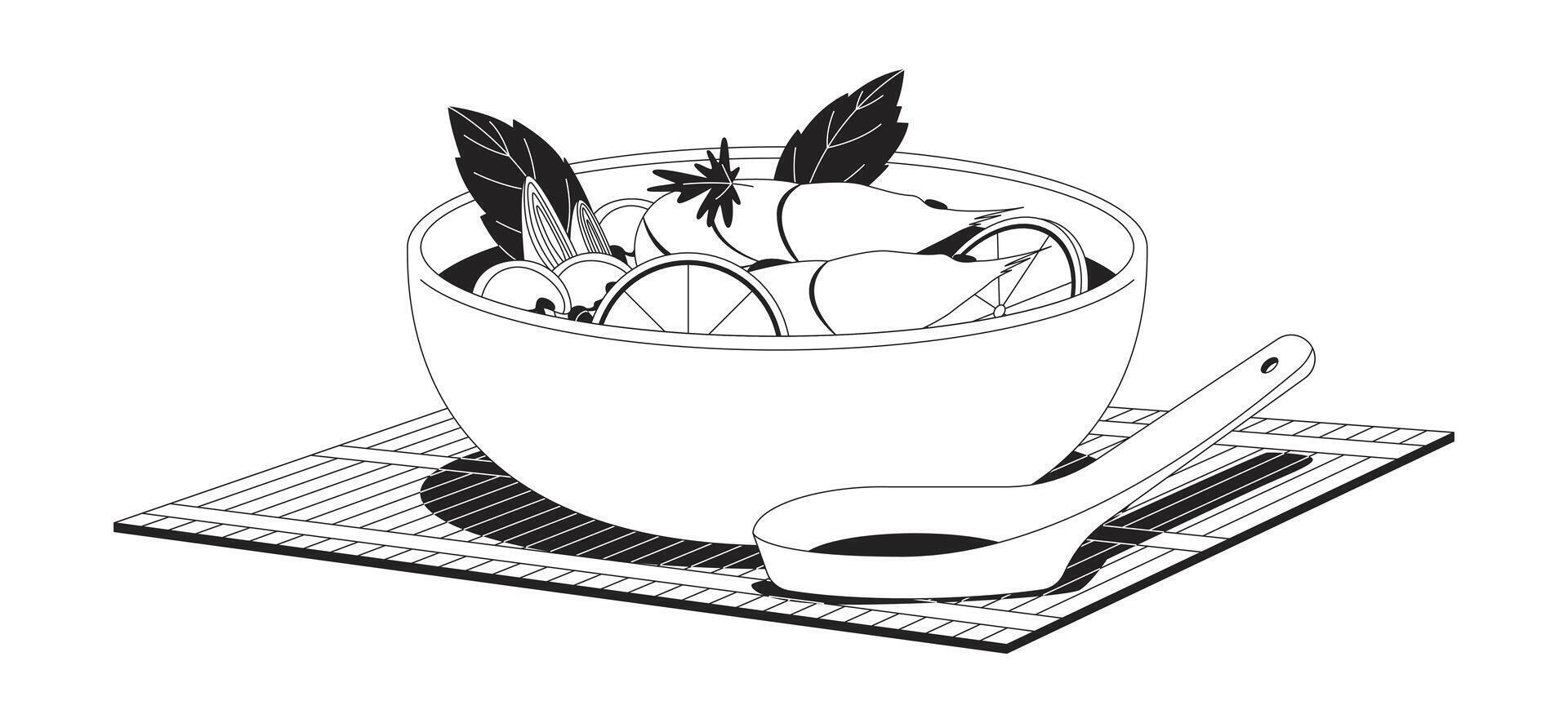 Tom yum soup outline illustration. Hot and sour tom yam goong. Thai cuisine. Seafood bowl with shrimp, herbs, lime. Authentic food 2D line item isolated on white. Monochrome ink linear image vector