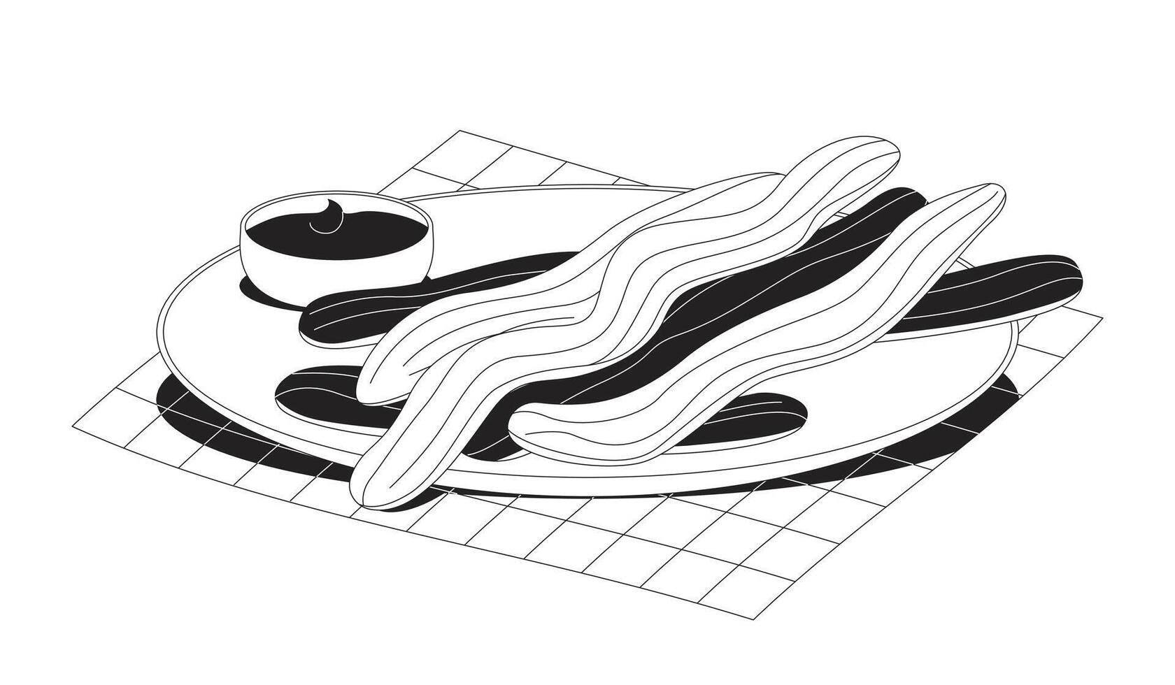 Mexican churros with chocolate dipping sauce outline illustration. Spanish porras snack. Crispy fried pastry. Authentic food 2D line item isolated on white. Monochrome ink linear image vector