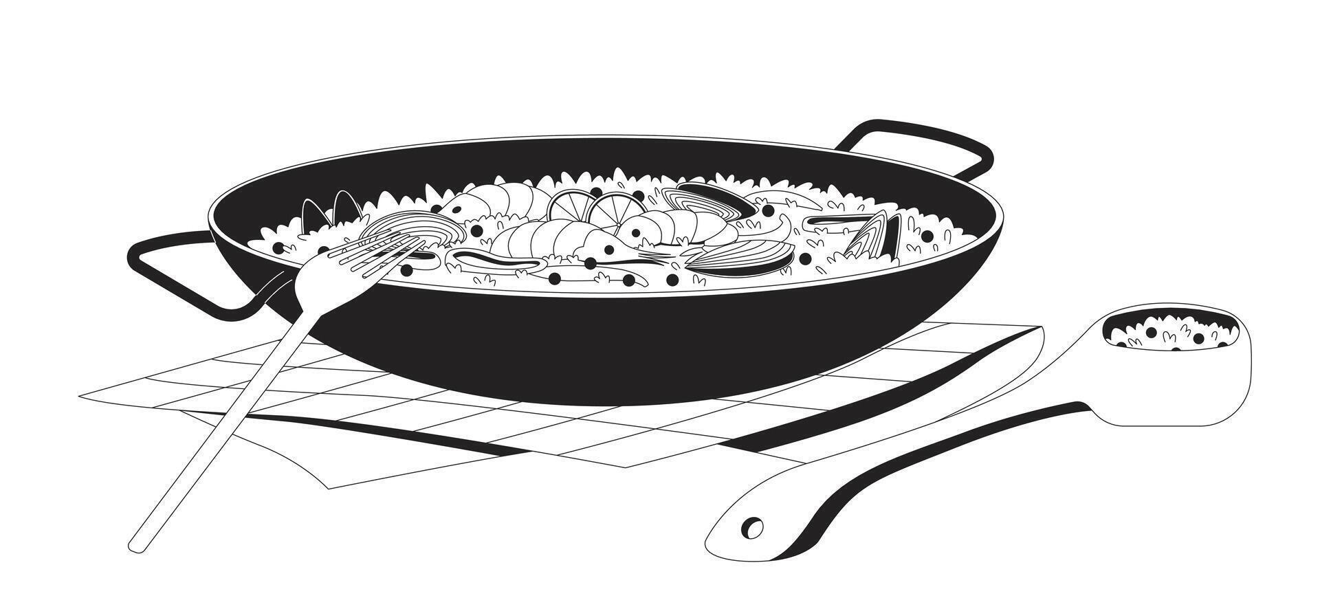 Seafood paella in pan with spoon and fork outline illustration. Valencia spanish cuisine. Saffron rice meal. Authentic food 2D line item isolated on white. Monochrome ink linear image vector