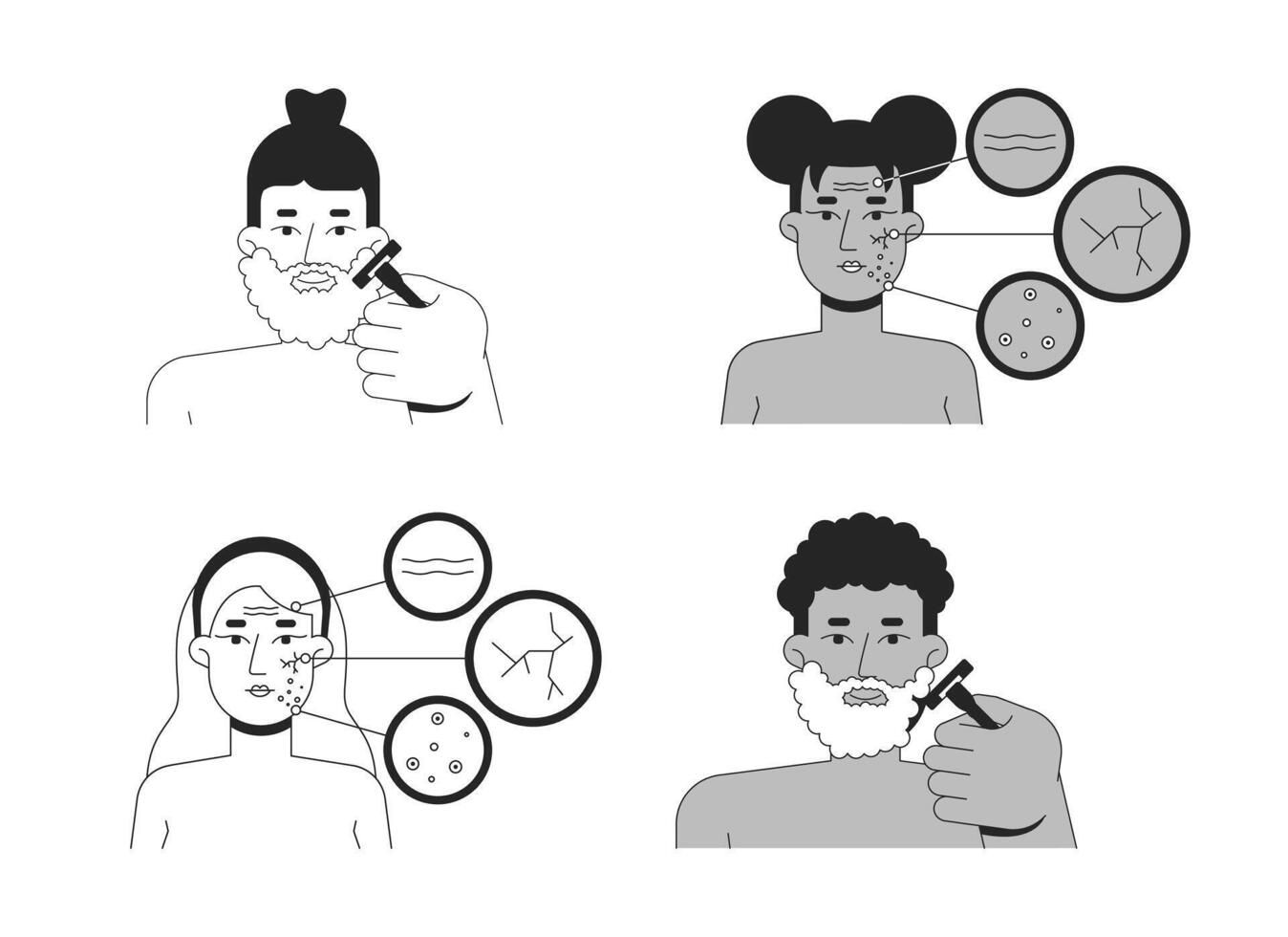 Face skin problems and shaving routine outline illustrations set. Beard grooming, skincare dermatology. Diverse women, men 2D line characters isolated on white. Ink linear images collection vector