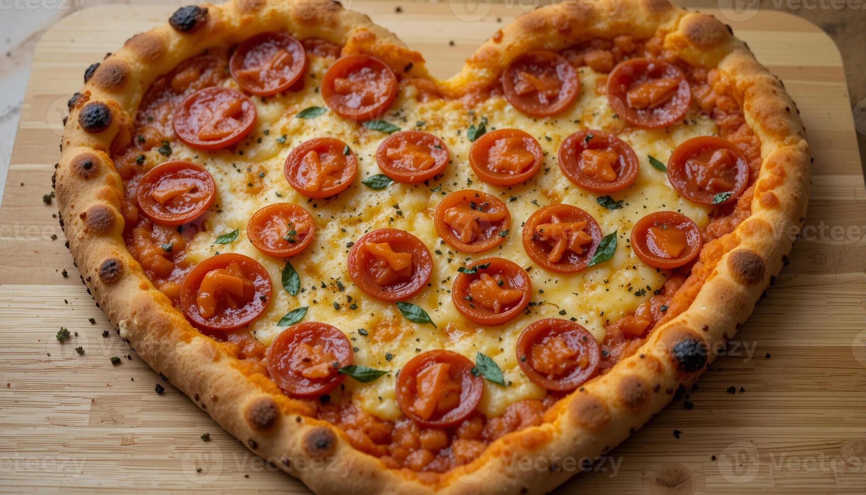 Delicious Heart-Shaped Pizza with Cherry Tomatoes and Dried Herbs on Rustic Wooden Surface photo
