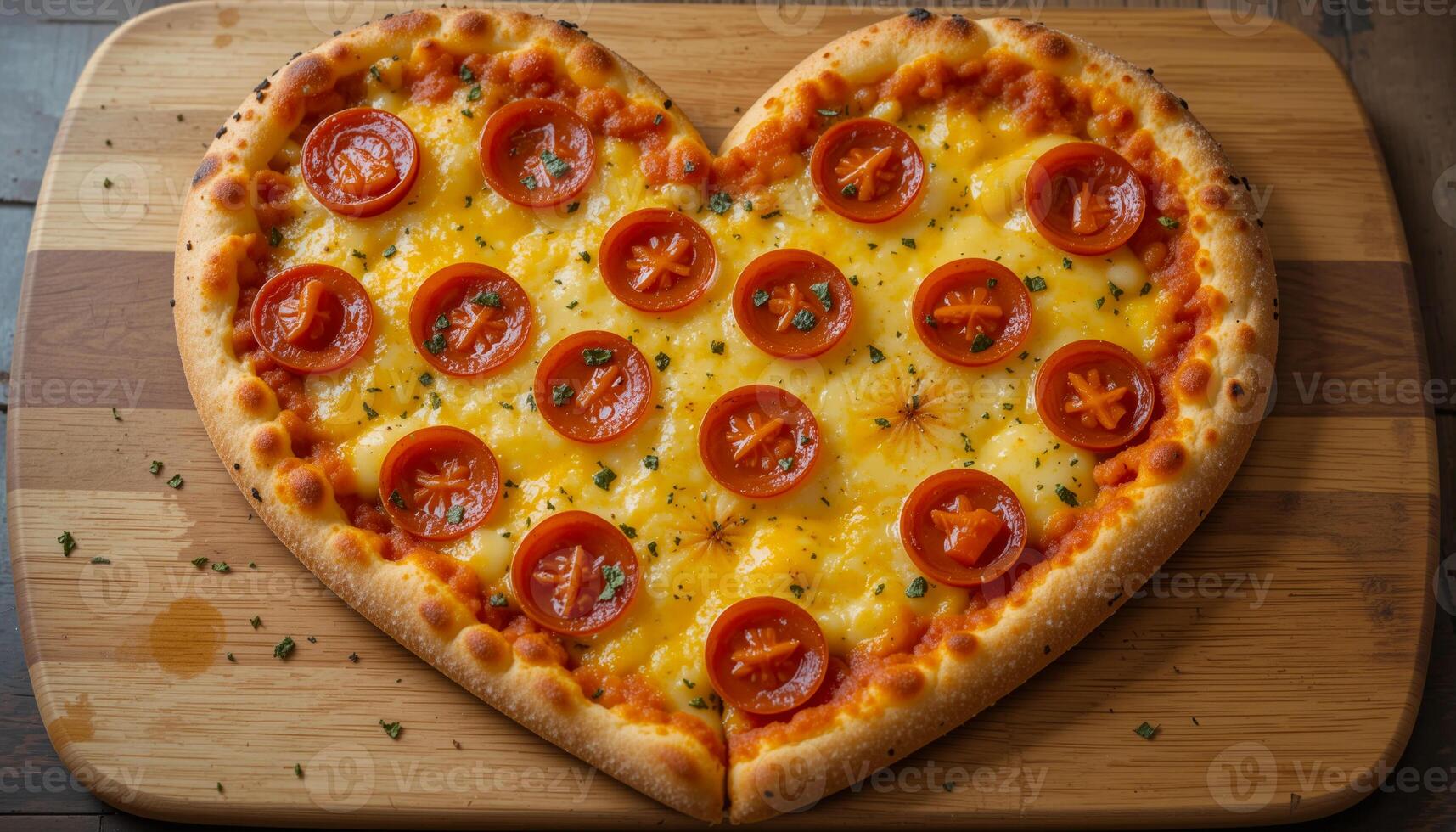 Homemade Heart-Shaped Pizza with Pepperoni, Cherry Tomatoes, and Herbs on Rustic Wood photo