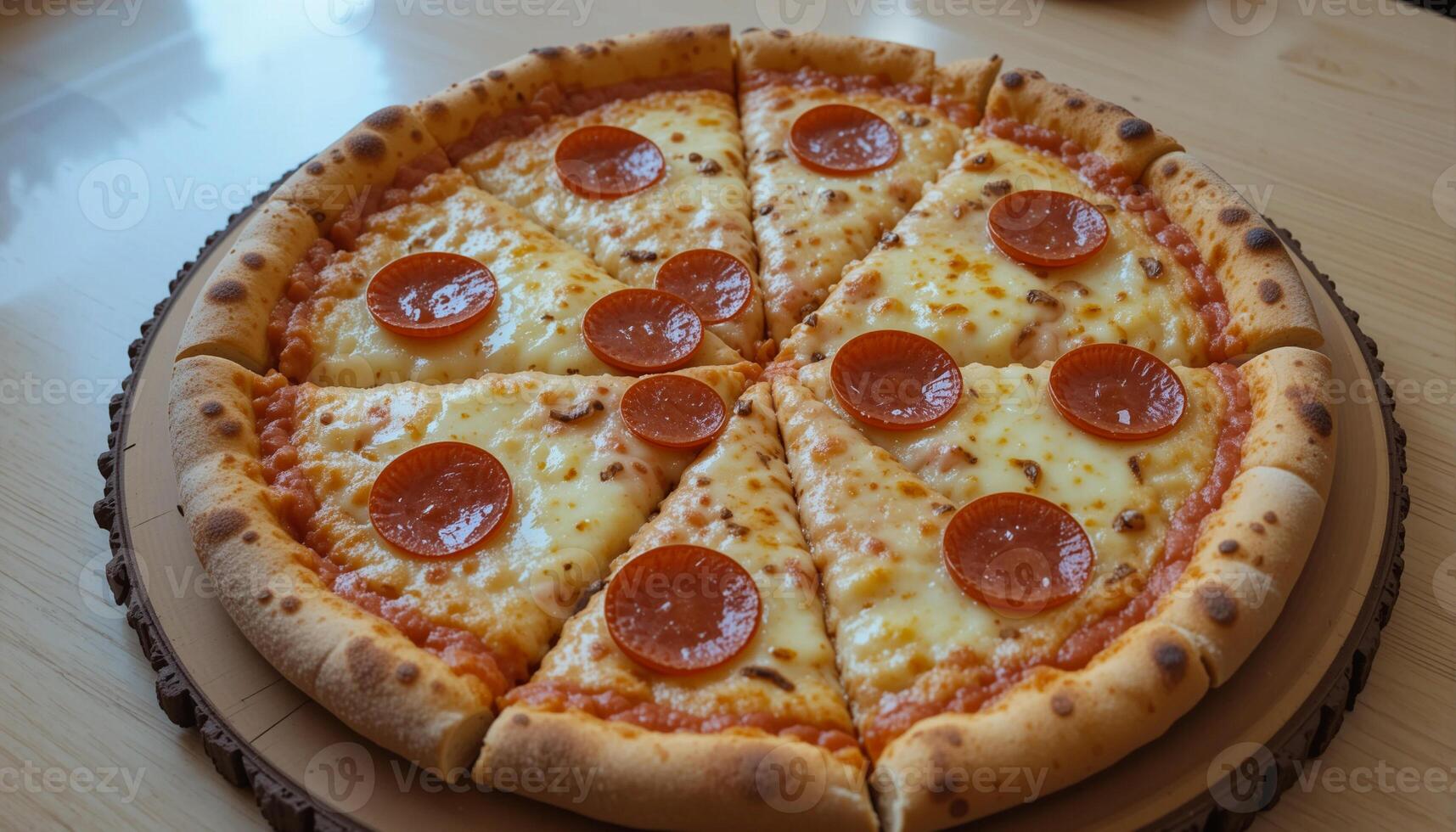 Whole Pepperoni Pizza Cut into Slices on Wood Platter, Bright Tabletop Background photo