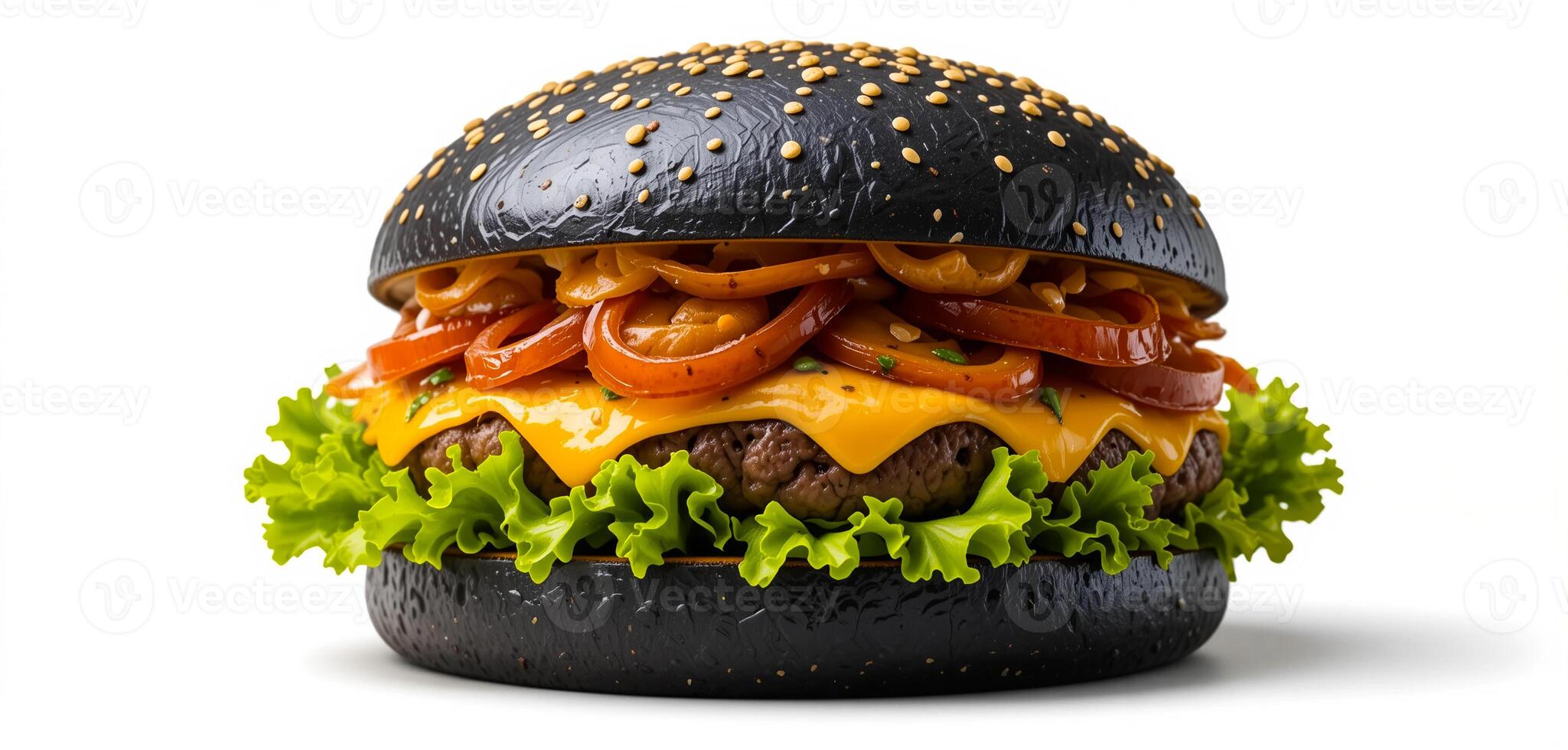 Juicy Black Bun Burger with Cheese, Caramelized Onions, and Lettuce Isolated on White Background photo
