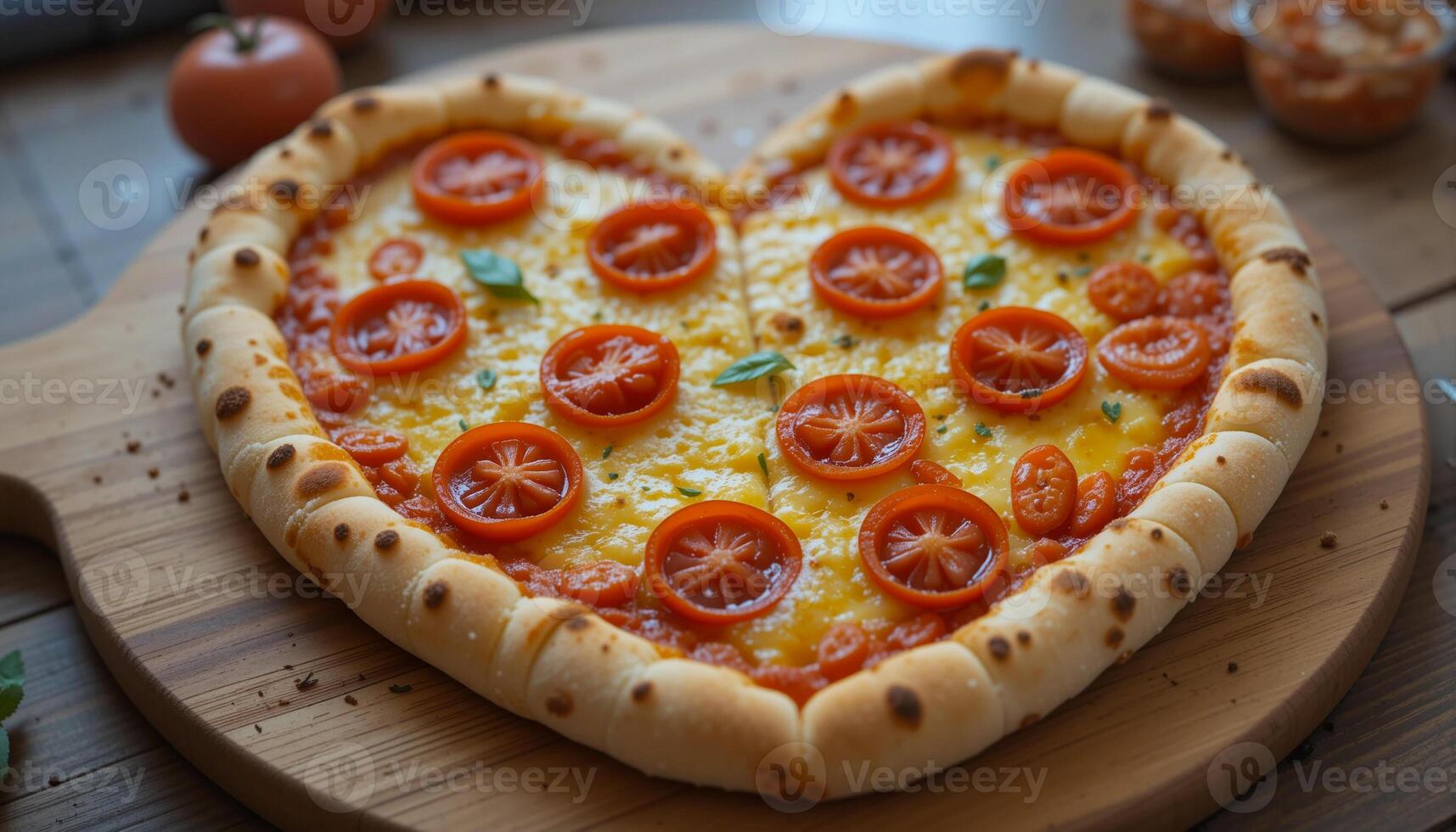 Crispy Heart-Shaped Pizza with Pepperoni and Melted Cheese on Wooden Platter photo