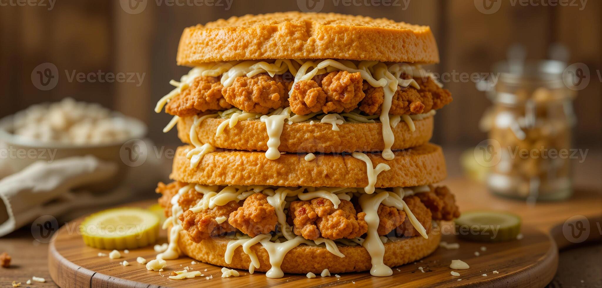 Stack of Crispy Chicken Sandwiches with Cabbage and Creamy Dressing on Wooden Board photo