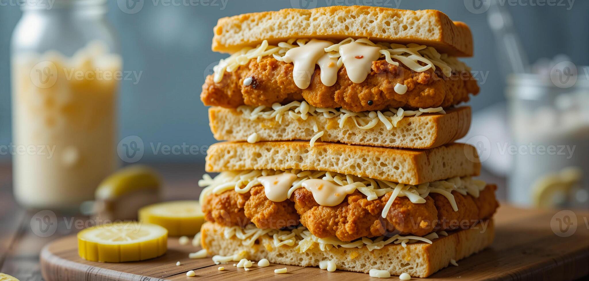 Delicious Chicken Sandwich Stack with Crunchy Cabbage and Sauce, Styled for Comfort Food Vibes photo