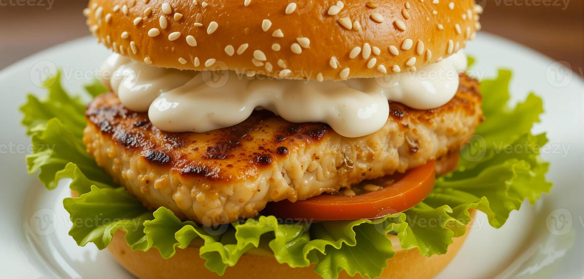 Appetizing Fish Sandwich with White Sauce and Vegetables Served on a White Ceramic Plate photo